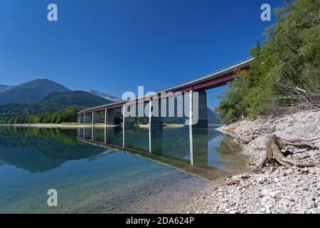 geography / travel, Germany, Bavaria, Lenggries, bridge across Sylvensteinstausee, dam the Isar near f, Additional-Rights-Clearance-Info-Not-Available Stock Photo