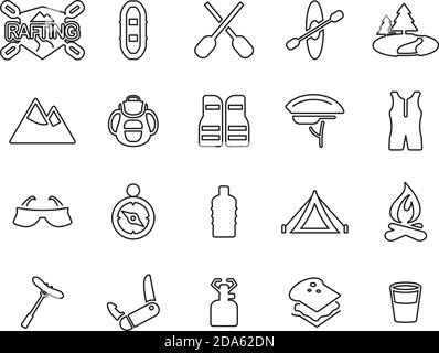 Rafting Or White Water Rafting Icons Black & White Thin Line Set Big Stock Vector