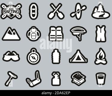 Rafting Or White Water Rafting Icons White On Black Sticker Set Big Stock Vector