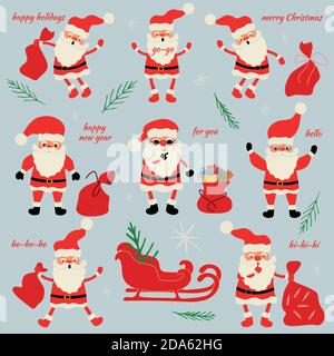 Set of Santa Claus stickers for Christmas with Christmas greetings, illustration Stock Vector