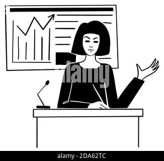 Happy young woman lecture speaker. Scientist on Podium for Presentation. Vector illustration doodle style black line white background Stock Vector