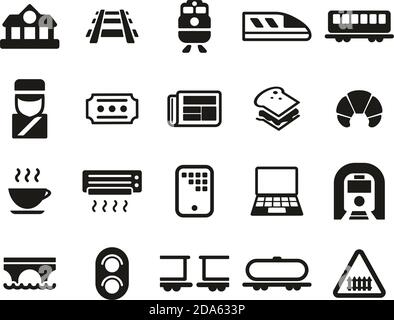 Railroad Travel & Cargo Transportation Icons Black & White Set Big Stock Vector