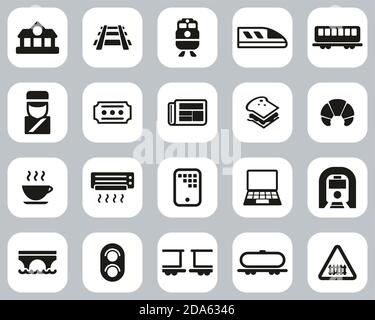 Railroad Travel & Cargo Transportation Icons Black & White Flat Design Set Big Stock Vector