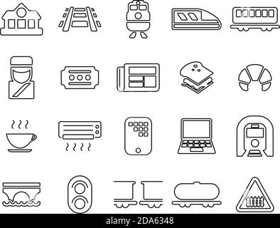 Railroad Travel & Cargo Transportation Icons Black & White Thin Line Set Big Stock Vector