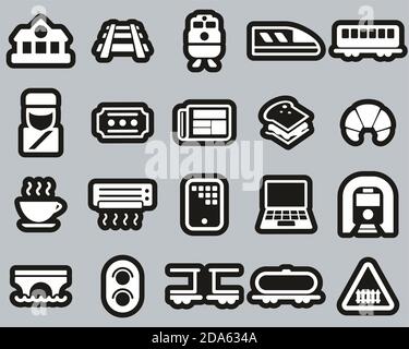 Railroad Travel & Cargo Transportation Icons White On Black Sticker Set Big Stock Vector