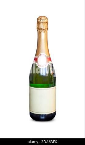 champagne bottle isolated on a white background. Closed traffic jam. Empty space for the design or text on the label. Stock Photo