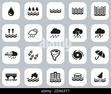 Rain & Flood Icons Black & White Flat Design Set Big Stock Vector