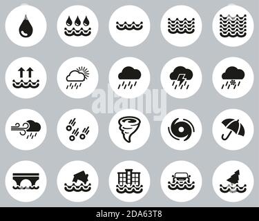 Rain & Flood Icons Black & White Flat Design Circle Set Big Stock Vector