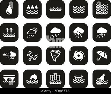 Rain & Flood Icons White On Black Flat Design Set Big Stock Vector