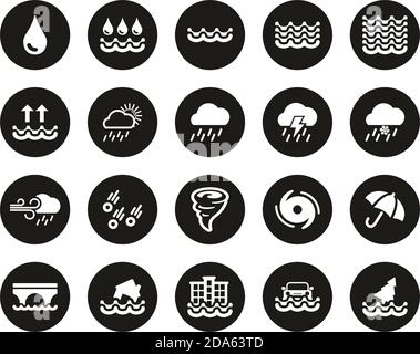 Rain & Flood Icons White On Black Flat Design Circle Set Big Stock Vector