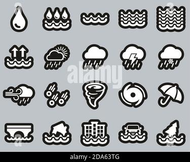 Rain & Flood Icons White On Black Sticker Set Big Stock Vector
