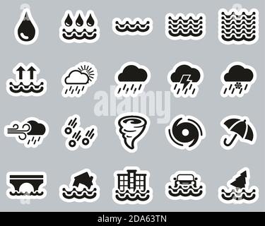 Rain & Flood Icons Black & White Sticker Set Big Stock Vector
