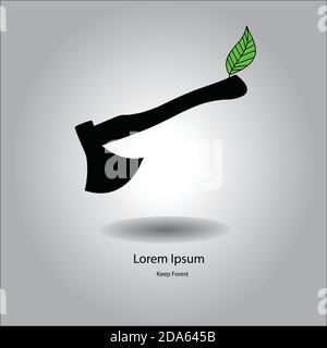 Flat vector illustration axe silhouette icon with green leaf on the handle, environment concept Stock Vector