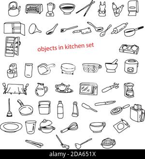 illustration vector doodles hand drawn objects in kitchen. Stock Vector