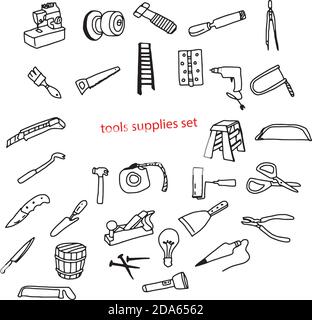 illustration vector doodles hand drawn tools supplies set. Stock Vector