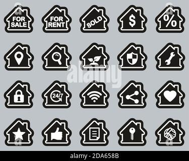 Real Estate Icons White On Black Sticker Set Big Stock Vector