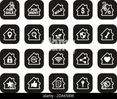 Real Estate Icons White On Black Flat Design Set Big Stock Vector