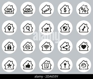 Real Estate Icons Black & White Flat Design Circle Set Big Stock Vector