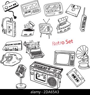 illustration vector doodles hand drawn set of retro-styled objects isolated. Stock Vector