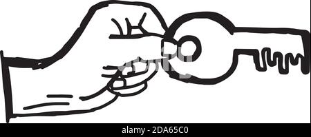 illustration vector doodle hand drawn sketch of human hand holding big success key Stock Vector