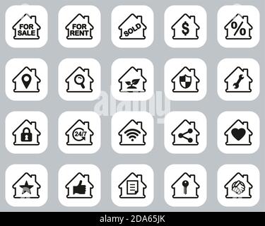 Real Estate Icons Black & White Flat Design Set Big Stock Vector