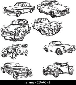 illustration vector doodle hand drawn of sketch set old car isolated on white background Stock Vector