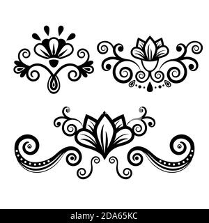 Set abstract floral ornament, delimiter, frame, border, pattern, black and white drawing with curls, swirl, flower, leaf, decorative element, tattoo Stock Vector