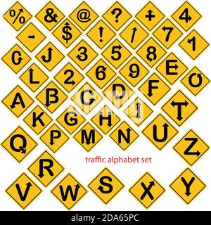 illustration vector of alphabet and number set in yellow road signs or traffic signs isolated Stock Vector
