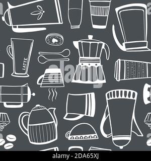 Coffee set background design. Chalk drawing outline effect of espresso pot, cups, snacks and spoons in black and white.  Stock Vector