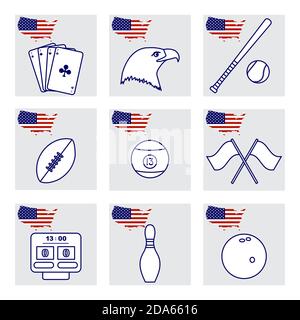 Vector Illustration USA set American national symbols Playing cards, eagle head, baseball bat, rugby, billiard ball, scoreboard, flags, bowling pin, b Stock Vector