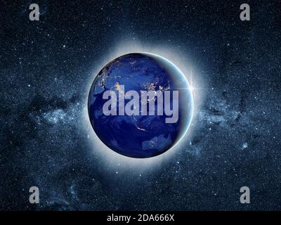 Total eclipse of the sun with Earth in space at night with city lights of Asia concept Stock Photo