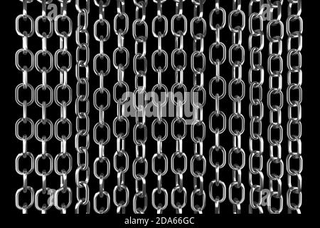 3d illustration of rows of metal chains. Set of chains on a black ...