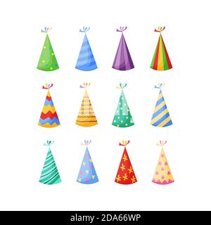 Birthday party hats set vector illustration in a cartoon flat style isolated on white background. Stock Vector