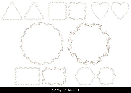 Pink blossom twig frame in chinese style on white background. Wedding invitation template for decoration design. Blooming japanese cherry. Stock Vector