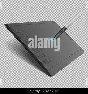 graphic tablet in black with a pen on a transparent background. Isolated vector illustration Stock Vector