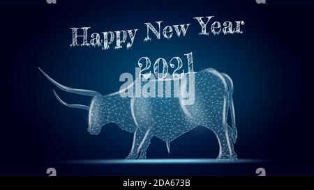 Happy new year 2021 symbol of the year neon polygonal bull on dark background. Stock Photo