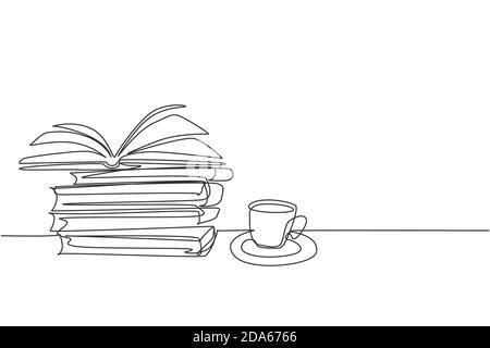 One single line drawing of opened page book with a cup of hot black espresso coffee at school library. Book is a window to the world concept Stock Vector