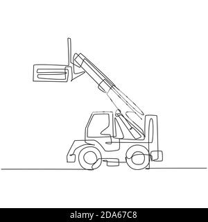 Single continuous line drawing forklift for loading goods in warehouse, commercial vehicle. Heavy loader machines equipment concept. Trendy one line Stock Vector