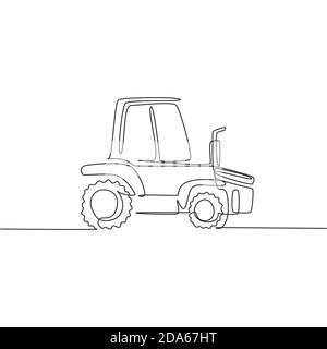 One single line drawing of harvester truck for harvest farming vector illustration. Business heavy tractor machines vehicles construction concept Stock Vector