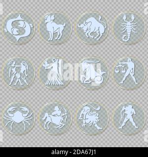 Zodiac signs, glass icon on a transparent background, isolated vector objects. Stock Vector