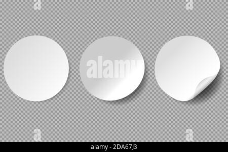 Circle the sticky characters. White tags, paper round stickers with peeling corner, isolated rounded plastic mockup signs, vector illustration. EPS 10 Stock Vector