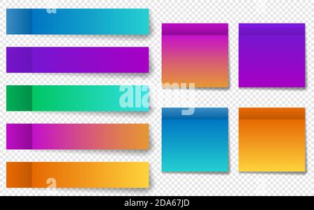 Different colorful post note stickers, vector collection. Sticky tapes with shadow template. Color gradient stickers. EPS 10 Stock Vector