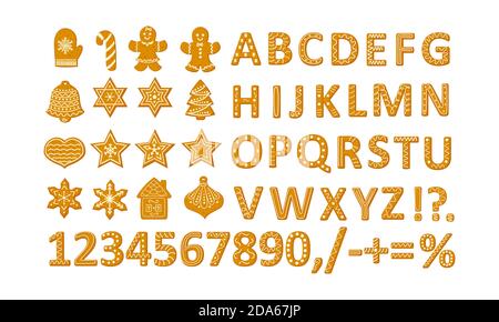 Gingerbread Christmas cookies set with stars snowflakes Christmas tree and ginger man, alphabet and numbers vector Stock Vector