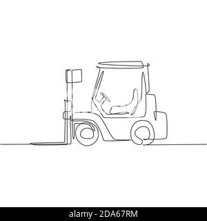 One continuous line drawing metal forklift for lifting materials in warehouse. Heavy goods loading cargo equipment concept. Dynamic single line draw Stock Vector