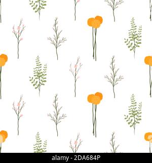 Floral seamless pattern with green leaves branch, cherry blossom, yellow dandelion. Textile ornament. Spring bloom flowers. Stock Vector
