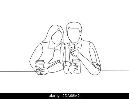 Couple Relax Line Pencil Drawing Vector Man Woman Happy Together