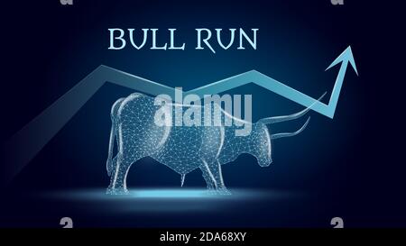 Bullish trend with a polygonal bull and an upward arrow on dark blue background. Bull run on the stock exchange. Bullish support. Vector illustration. Stock Vector