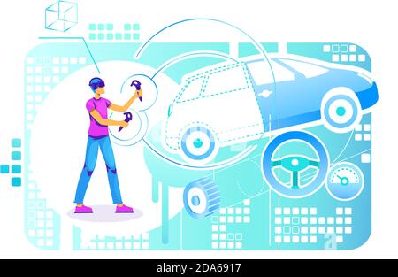 Car building engineer 2D vector web banner, poster Stock Vector