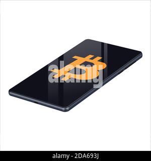 Realistic mobile phone with Bitcoin BTC coin symbol image isolated on white. Vector illustration. Stock Vector