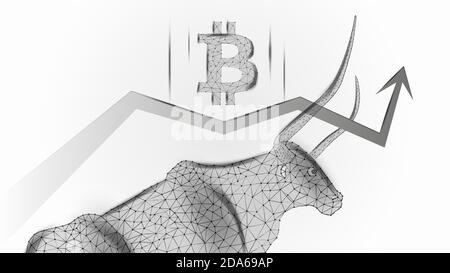 Bullish trend of Bitcoin with a polygonal bull and an upward arrow with BTC symbol on light background. Modern neon vector illustration. Stock Vector